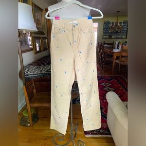 Pacsun yellow velvet with blue embroidered mushrooms 90s boyfriend jeans